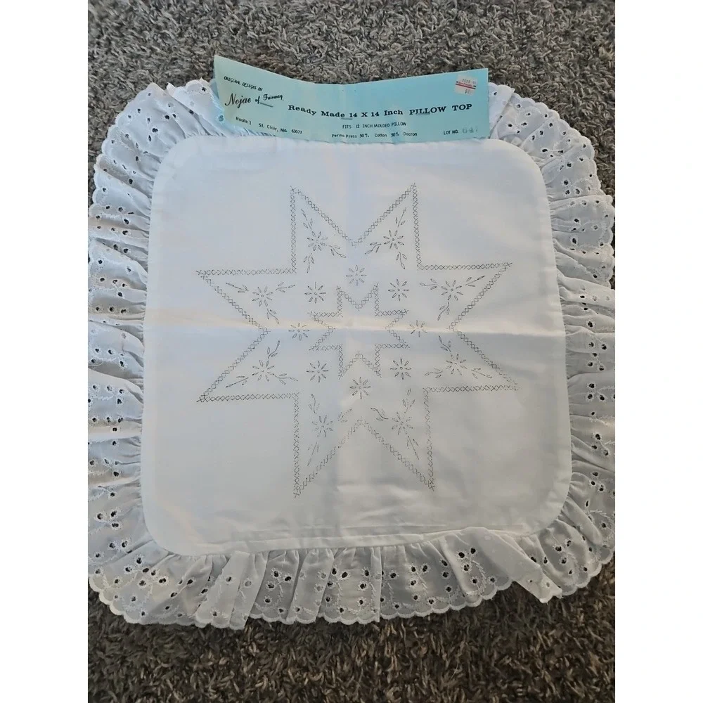 Vintage Nojae of Fairway Stamped 14x14 Hand Embroidery Pillow Top With Lace Trim